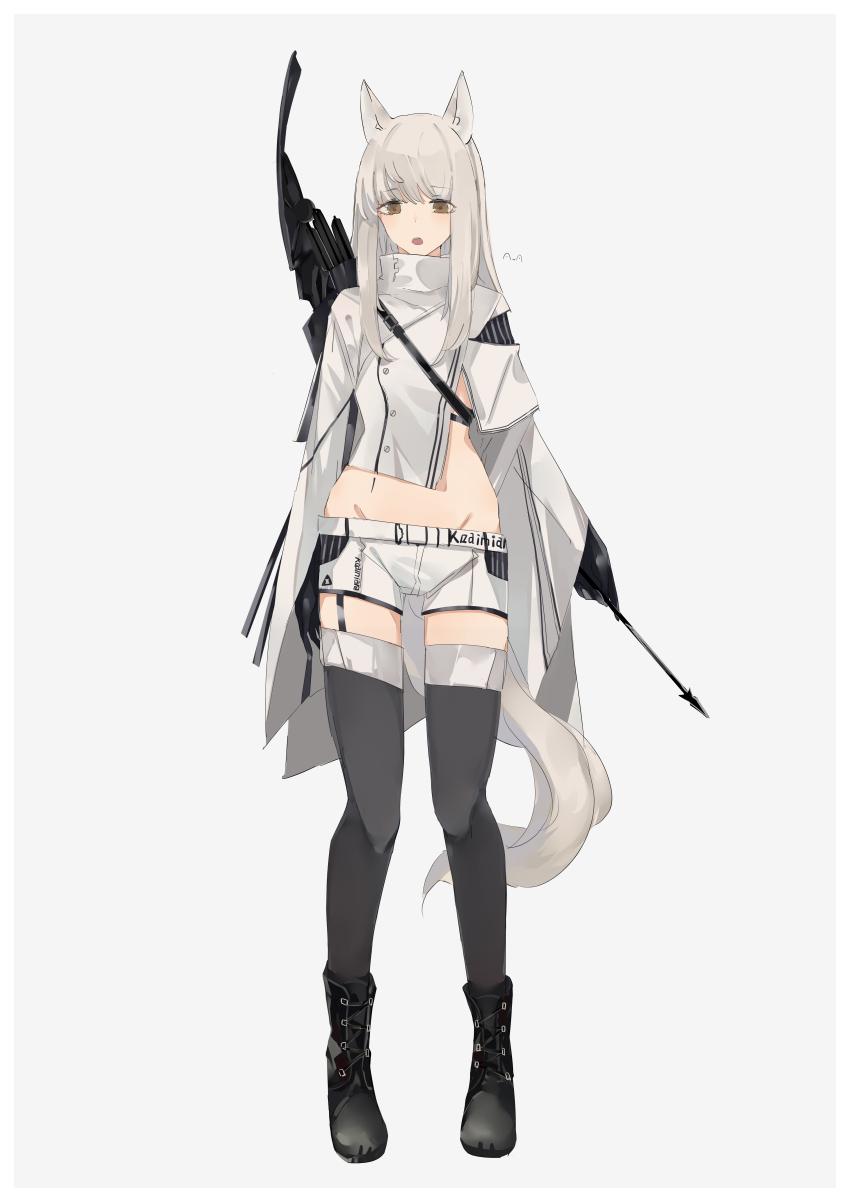 1girl :o absurdres animal_ears ankle_boots arknights arm_at_side arrow_(projectile) black_footwear black_gloves black_thighhighs boots bow_(weapon) clothes_writing commentary_request cross-laced_footwear eyes_visible_through_hair full_body gloves grey_background grey_hair grey_tail groin high_collar highres holding holding_arrow jacket lace-up_boots long_hair long_sleeves looking_at_viewer open_mouth partial_commentary platinum_(arknights) shorts sidelocks simple_background solo standing sutekina_awa tail thighhighs weapon white_jacket white_shorts yellow_eyes zettai_ryouiki