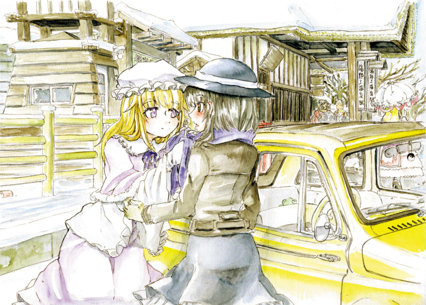 00s 3girls alternate_costume belt bird blonde_hair blush brown_eyes brown_hair building can capelet car coat creatures_(company) dress female_focus fiat frilled_dress frills game_freak gen_1_pokemon gintama gloves hat hidamari_sketch jacket justaway lace lamp light_bulb long_hair maribel_hearn master_(4th) metapod motor_vehicle multiple_girls nintendo open_mouth penguin pokemon pokemon_(creature) postbox purple_eyes railing real_world_location ribbon sayonara_zetsubou_sensei scarf short_hair skirt smile snow touhou tree umbrella ume-sensei usami_renko vehicle white_dress window winter yakumo_yukari