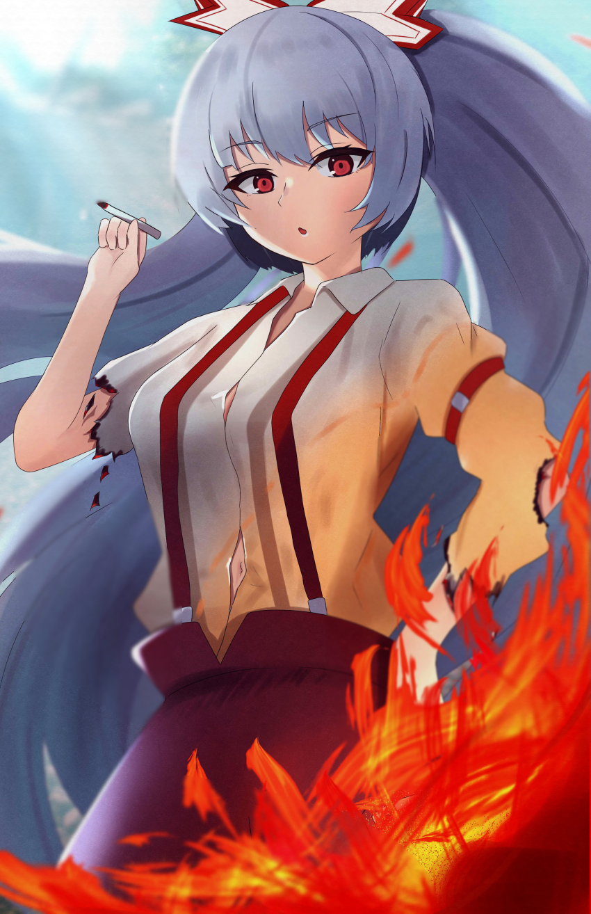 1girl absurdres bow button_gap chirihouki cigarette collared_shirt fire fujiwara_no_mokou grey_hair hair_bow hand_on_own_hip highres long_hair long_sleeves looking_at_viewer navel open_mouth pants red_eyes red_pants shirt suspenders torn_sleeve touhou very_long_hair white_shirt