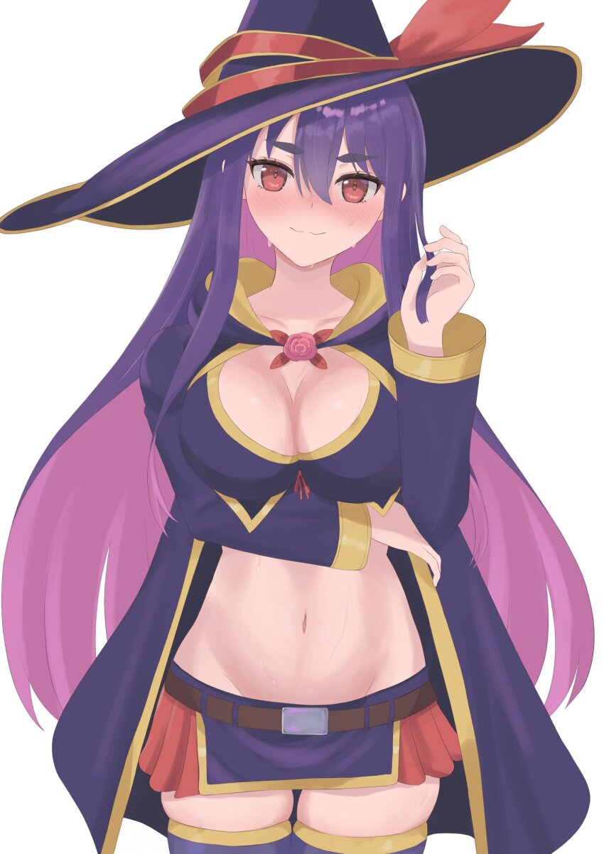 1girl aisatu39 arm_under_breasts belt blush breasts cape collarbone female_focus hat highres idola_avorn large_breasts long_hair looking_at_viewer multicolored_hair pink_hair purple_hair red_eyes sentai_red_ga_isekai_de_boukensha_ni_naru simple_background skindentation standing thighhighs thighs two-tone_hair white_background witch_hat