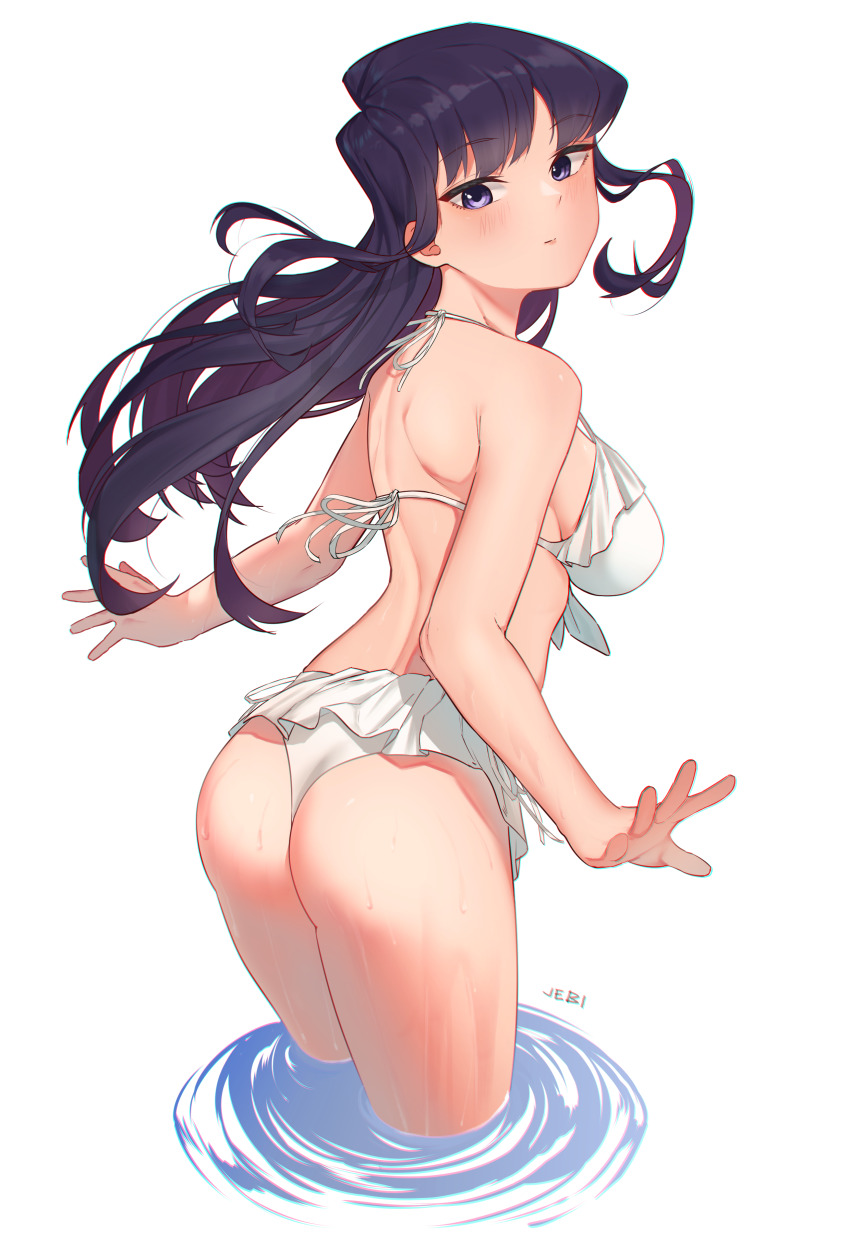 1girl absurdres ass bikini black_eyes black_hair frilled_bikini frills from_behind gluteal_fold highres jebi komi-san_wa_komyushou_desu komi_shouko leaning_forward long_hair looking_at_viewer looking_back simple_background soaking_feet solo standing swimsuit wading white_background white_bikini