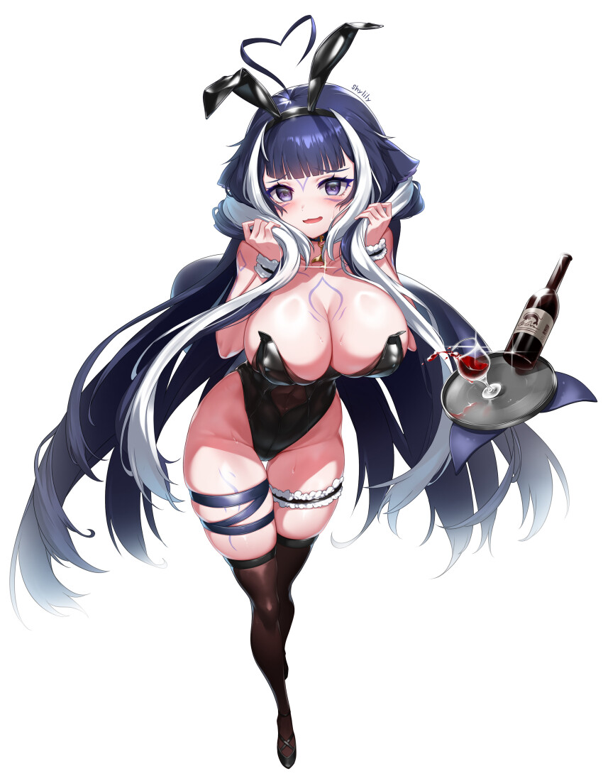 1girl absurdres ahoge animal_ears black_leotard black_thighhighs blue_hair body_markings breasts cat_ears cetacean_tail cleavage facial_mark fake_animal_ears fins fish_tail grey_hair heart heart_ahoge highres indie_virtual_youtuber large_breasts leotard long_hair looking_at_viewer multicolored_hair open_mouth orca_girl pellpt playboy_bunny purple_eyes rabbit_ears shylily smile solo strapless strapless_leotard streaked_hair tail thigh_strap thighhighs very_long_hair virtual_youtuber white_background white_hair