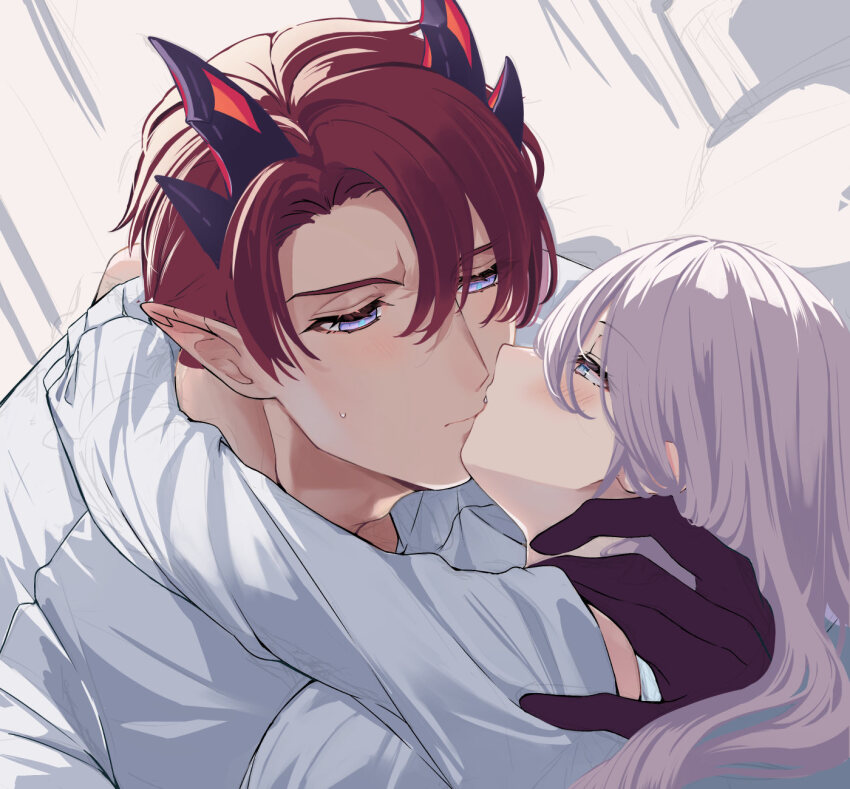 1boy 1girl aoto_neko commentary_request couple dragon_boy dragon_horns hair_down hand_on_another&#039;s_neck hetero highres horns kiss long_hair original pointy_ears purple_eyes red_eyes sketch