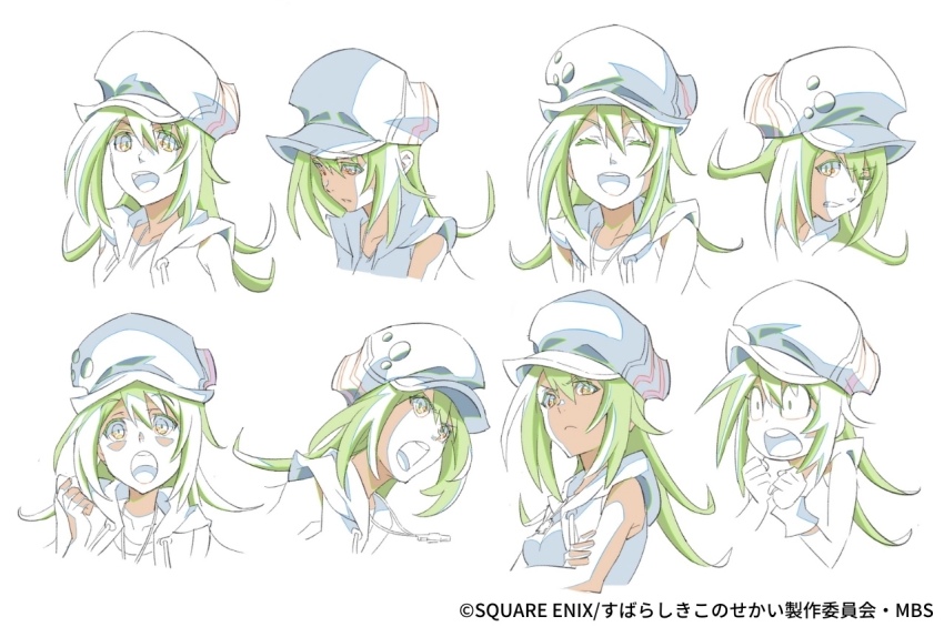 1girl cabbie_hat clenched_teeth closed_mouth facial_expressions female_focus hat long_hair looking_at_viewer misaki_shiki multiple_views official_art open_mouth simple_background smile subarashiki_kono_sekai surprised teeth upper_body upper_teeth_only