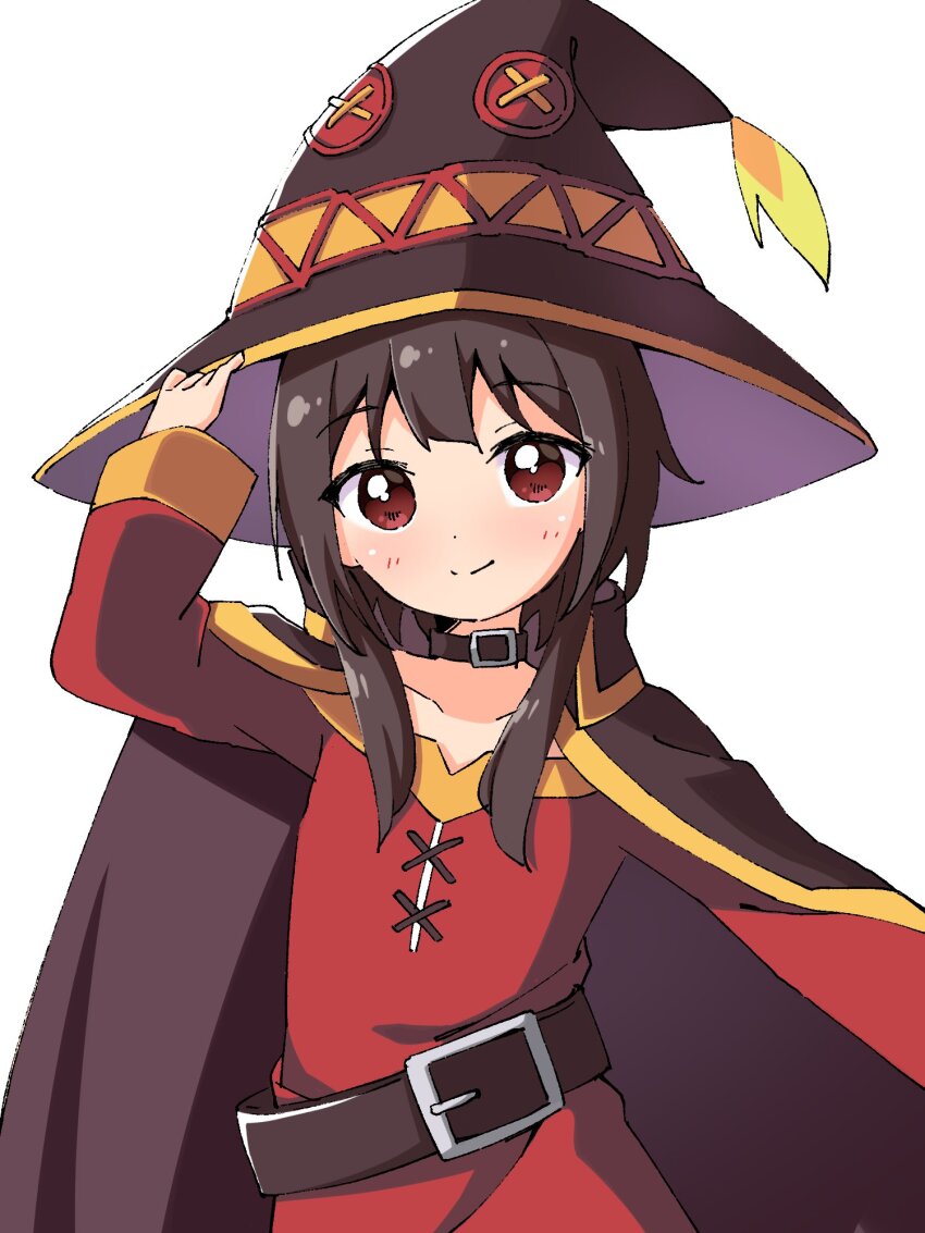 1girl belt black_choker black_cloak blush brown_belt brown_hair brown_hat choker cloak closed_mouth collarbone commentary dot_nose dress hand_on_headwear haru_(konomi_150) hat highres kono_subarashii_sekai_ni_shukufuku_wo! long_sleeves looking_at_viewer megumin off-shoulder_dress off_shoulder red_dress short_hair sidelocks simple_background smile solo upper_body white_background witch_hat