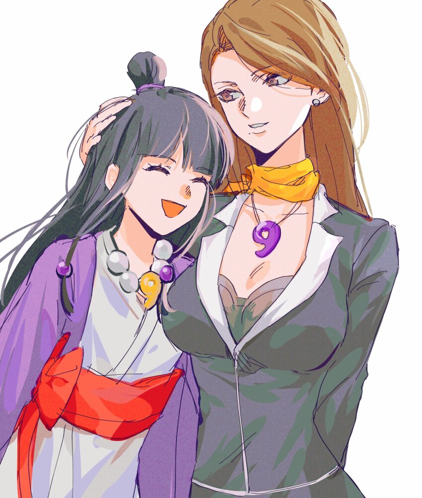 2girls ace_attorney ako_(eanaaati1) asymmetrical_bangs black_hair black_jacket blazer blunt_bangs breasts brown_eyes brown_hair cleavage flat_chest formal hair_ornament half_updo highres jacket japanese_clothes jewelry kimono large_breasts long_hair magatama maya_fey mia_fey mole mole_under_mouth multiple_girls necklace open_mouth sash scarf siblings sisters smile suit yellow_scarf