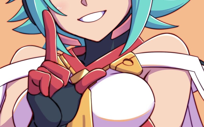 1girl azure_striker_gunvolt azure_striker_gunvolt_2 bare_shoulders breasts character_name cutting_out_below_the_eyes_is_hot_(meme) green_hair gunvolt_chronicles_luminous_avenger_ix head_out_of_frame headgear idol ishigaki_(sora_roxas) medium_breasts meme number_pun orange_background revealing_clothes robot_girl roro_(gunvolt) short_hair simple_background solo