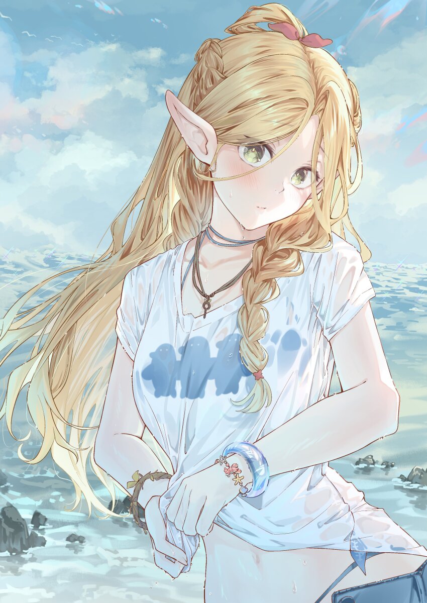 1girl absurdres beach bikini bikini_under_clothes blonde_hair blue_bikini blue_sky blush bracelet braid choker closed_mouth cloud crown_braid day denim dungeon_meshi elf green_eyes hair_around_ear hair_rings highres horizon jewelry long_hair looking_at_viewer marcille_donato multiple_braids navel necklace ocean outdoors pointy_ears pola_(1021) see-through_clothes see-through_shirt shirt short_sleeves sky solo swimsuit t-shirt water wet wet_clothes wet_shirt white_shirt wringing_clothes