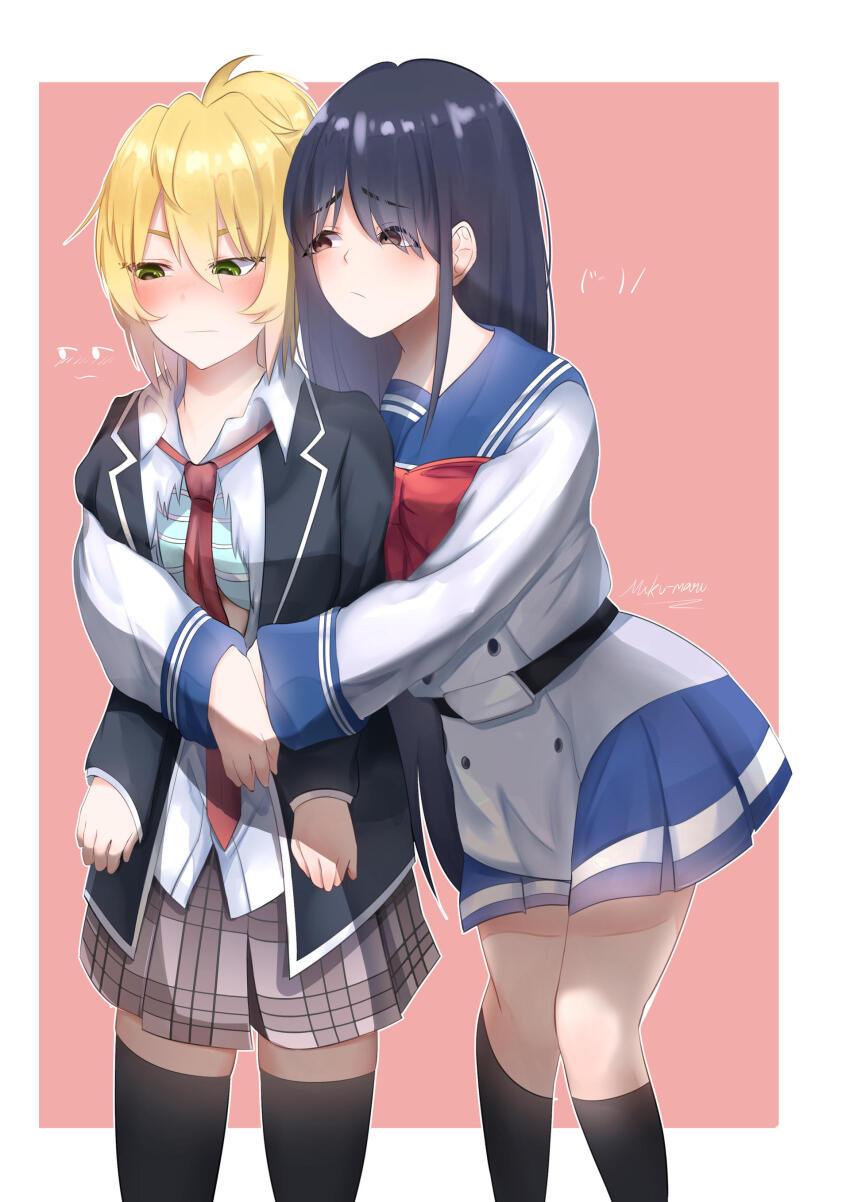 2girls absurdres black_hair blonde_hair blush couple green_eyes highres honjo_yuri hug muku-maru multiple_girls nise_mayuko school_uniform spoken_emoji tenkuu_shinpan yuri