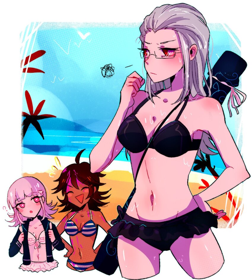 3girls :d :o ? ahoge alternate_costume alternate_hairstyle beach bikini black_bikini blood blood_in_hair blood_on_body blood_on_face blue_bikini blue_jacket blue_sky blush blush_stickers brown_hair clenched_hand closed_eyes closed_mouth commentary danganronpa_(series) danganronpa_2:_goodbye_despair dark-skinned_female dark_skin day dripping english_commentary eyelashes grey_hair hair_down hand_on_own_hip hands_on_own_hips highres huyandere jacket long_hair long_sleeves multicolored_bikini multiple_girls nanami_chiaki navel official_alternate_costume official_alternate_hairstyle open_clothes open_jacket open_mouth outdoors owari_akane palm_tree pekoyama_peko pink_blood pink_eyes pink_hair red_eyes sheath shiny_skin short_hair sky smile standing striped_bikini striped_clothes swimsuit tan tree two-tone_bikini water wet wet_hair white_bikini