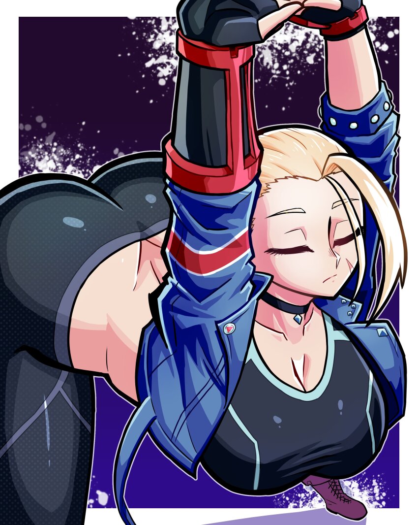 1girl absurdres arms_up ass asymmetrical_gloves black_sports_bra blonde_hair blue_jacket bracelet breasts butt_crack cammy_stretch_(meme) cammy_white cleavage cropped_jacket facial_scar gloves highres jacket jewelry large_breasts meme pants pendant_choker scar scar_on_cheek scar_on_face short_hair simple_background solo sports_bra street_fighter street_fighter_6 stretching tight_clothes tight_pants vkid