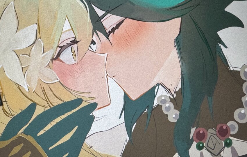 1boy 1girl blonde_hair blush couple flower genshin_impact green_hair hair_flower hair_ornament hetero highres imminent_kiss jewelry lumine_(genshin_impact) multicolored_hair necklace pearl_necklace samon_(vxxr8575) short_hair streaked_hair upper_body xiao_(genshin_impact)