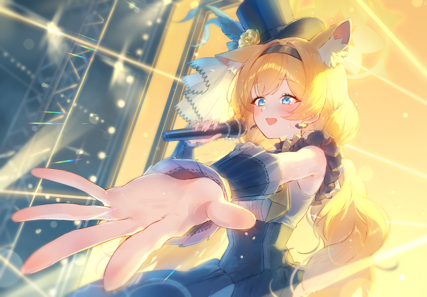 1girl absurdres animal_ear_fluff animal_ears black_dress black_hairband black_hat blue_archive blue_eyes blush cat_ears cat_girl commentary dress earrings eshineko flower hairband halo hat hat_flower highres holding holding_microphone idol idol_clothes jewelry long_hair low_twintails mari_(blue_archive) mari_(idol)_(blue_archive) microphone mini_hat mini_top_hat official_alternate_costume open_mouth orange_hair outstretched_arm single_ear_down sleeveless sleeveless_dress smile solo stage sweat symbol-only_commentary top_hat twintails yellow_halo