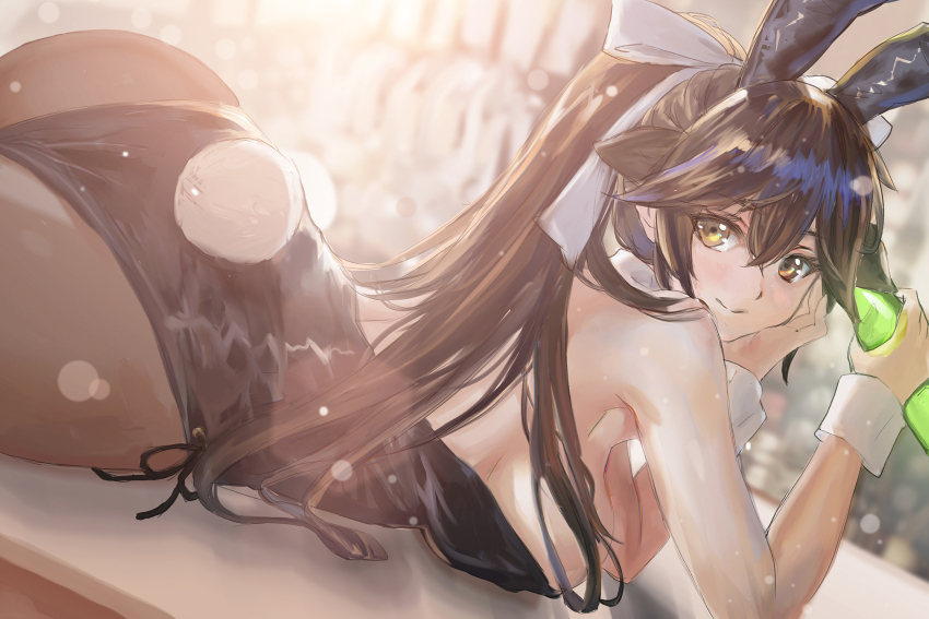 1girl alternate_costume animal_ears ass azur_lane bare_shoulders black_hair blush bottle bow breasts brown_eyes commentary_request detached_collar fake_animal_ears hair_bow hair_flaps hair_ornament highres holding holding_bottle large_breasts leotard long_hair looking_at_viewer lying on_stomach pantyhose playboy_bunny ponytail rabbit_ears rabbit_tail revision ribbon rosie99 smile solo tail takao_(azur_lane) very_long_hair white_bow wrist_cuffs