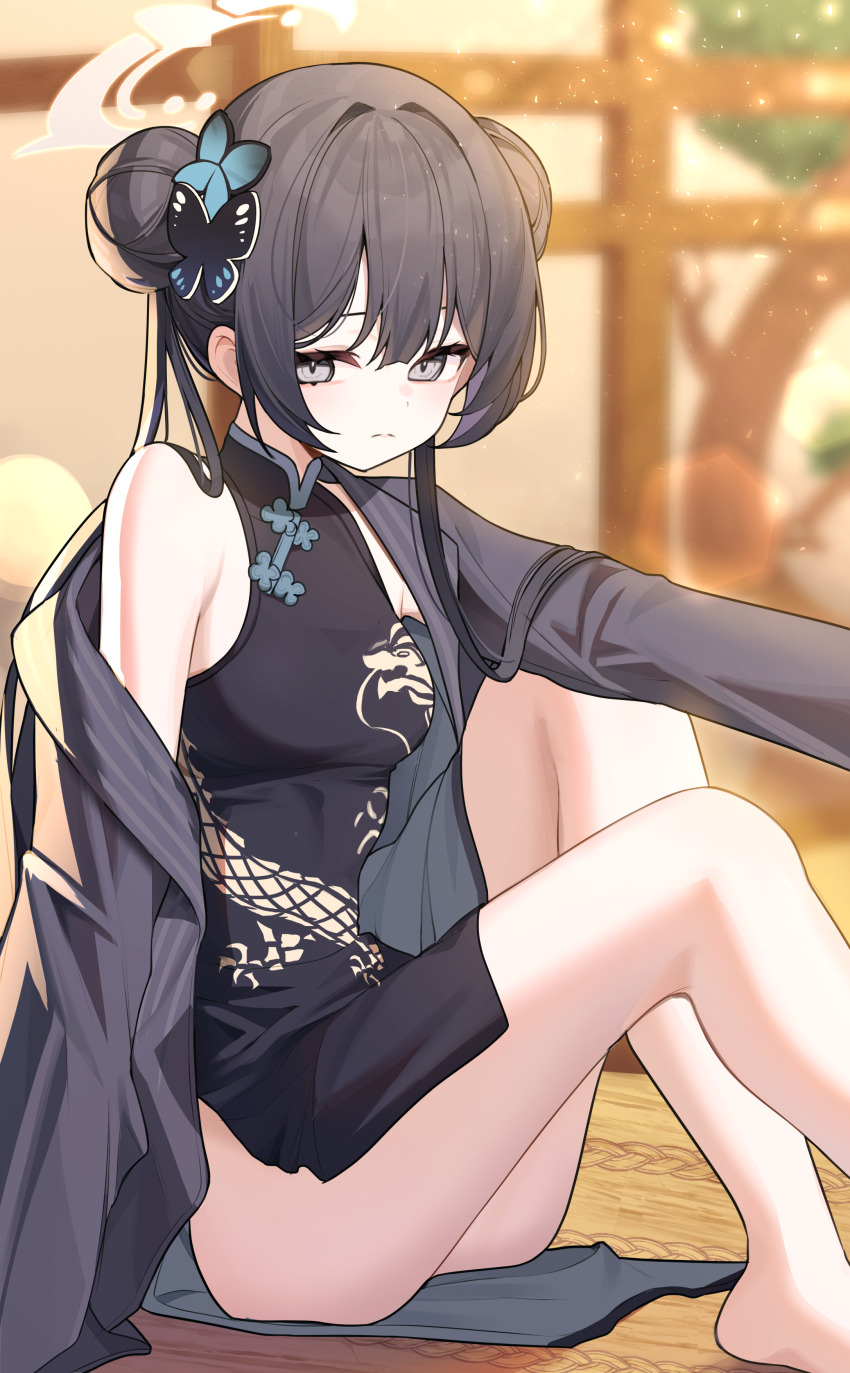 1girl absurdres ass barefoot black_dress black_hair blue_archive butterfly_hair_ornament china_dress chinese_clothes closed_mouth coat double_bun dragon_print dress grey_coat grey_eyes grey_halo hair_bun hair_ornament halo highres kisaki_(blue_archive) long_hair looking_at_viewer open_clothes open_coat seo_garam solo striped_coat twintails vertical-striped_coat