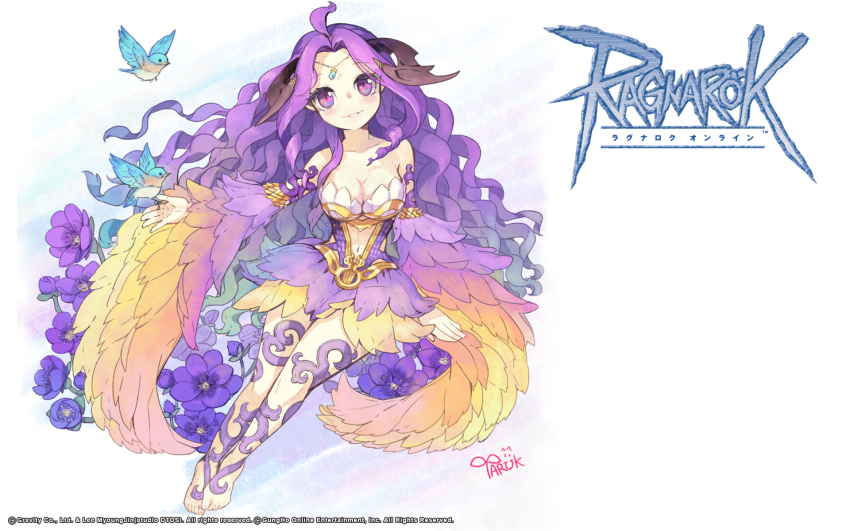 1girl barefoot bird black_wings blue_bird blush breasts cleavage closed_mouth clothing_cutout copyright_notice demon_wings dress feather_sleeves flower full_body gold_trim head_wings highres large_breasts logo long_hair looking_at_viewer navel navel_cutout nidhoggr_(ragnarok_online) official_art official_wallpaper purple_dress purple_eyes purple_flower purple_hair purple_sleeves ragnarok_online simple_background smile solo strapless strapless_dress taruk very_long_hair wavy_hair white_background wings