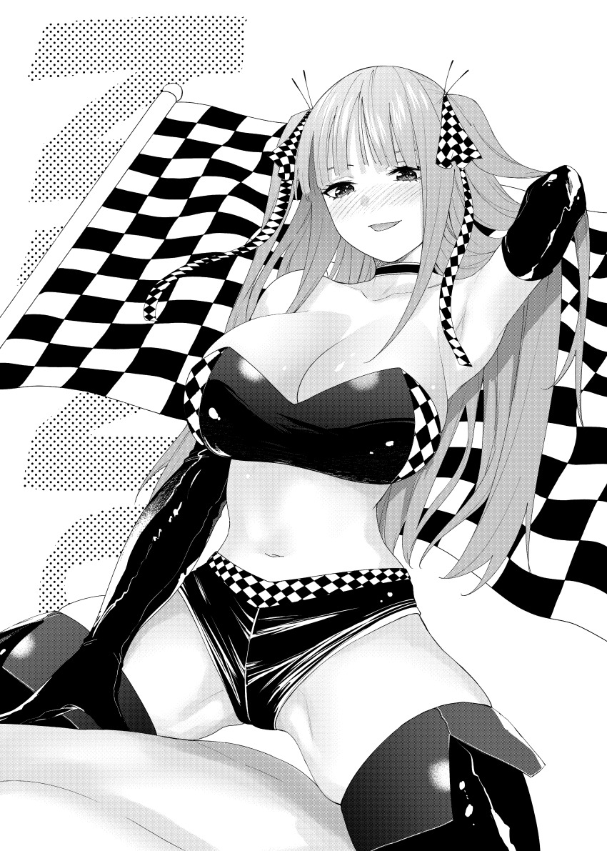 1girl absurdres arm_up armpits bandeau blush boots breasts butterfly_hair_ornament checkered_flag choker cleavage collarbone crop_top flag go-toubun_no_hanayome greyscale hair_ornament hand_in_own_hair highres kneeling kosmos_beta large_breasts legs_apart long_hair looking_at_viewer monochrome nakano_nino navel parted_lips race_queen short_shorts shorts skindentation sleeveless solo stomach thigh_boots thighs two_side_up