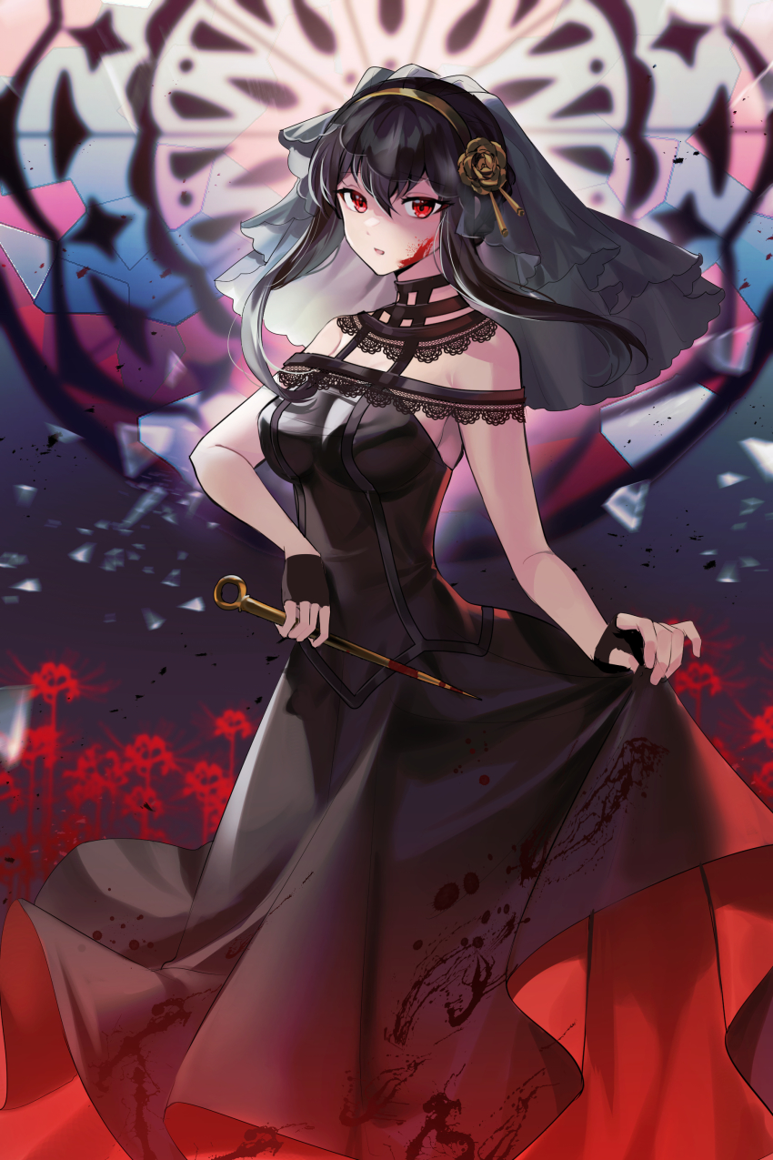 1girl absurdres adapted_costume akitsuki_(oenothera) bad_id bad_twitter_id black_dress black_gloves black_veil blood blood_on_clothes blood_on_face bloody_clothes bloody_dress bloody_weapon blurry blurry_background breasts broken_glass dagger dress fingerless_gloves floating_hair flower glass glass_shards gloves gold_hairband hair_flower hair_ornament hairband highres holding holding_dagger holding_knife holding_weapon knife lace-trimmed_collar lace_trim large_breasts long_hair looking_at_viewer open_mouth red_eyes red_flower red_rose rose sidelocks skirt_hold solo spy_x_family two-sided_dress two-sided_fabric veil weapon wedding_dress yor_briar