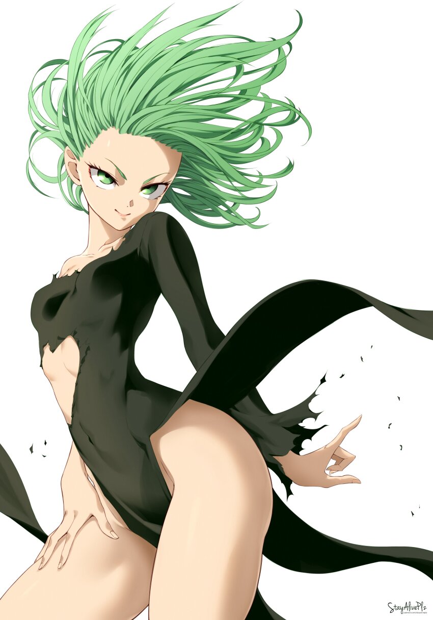 1girl absurdres artist_name black_dress breasts closed_mouth collarbone commentary covered_navel cowboy_shot dress english_commentary floating_hair forehead green_eyes green_hair groin highres one-punch_man short_hair side_slit simple_background single_bare_shoulder small_breasts smile solo stayaliveplz tatsumaki taut_clothes taut_dress thighs torn_clothes torn_dress v-shaped_eyebrows white_background