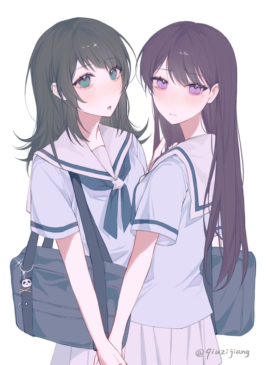 2girls bag bang_dream! bang_dream!_it&#039;s_mygo!!!!! black_hair blue_eyes blue_shirt blush brown_hair charm_(object) closed_mouth commentary hanasakigawa_school_uniform hand_in_another&#039;s_hair hashtag-only_commentary highres holding_hands long_hair looking_at_another mole mole_under_eye multiple_girls open_mouth purple_eyes qiuzijiang sailor_collar school_bag school_uniform shiina_taki shirt short_sleeves simple_background skirt twitter_username white_background white_sailor_collar white_shirt white_skirt yahata_umiri yuri