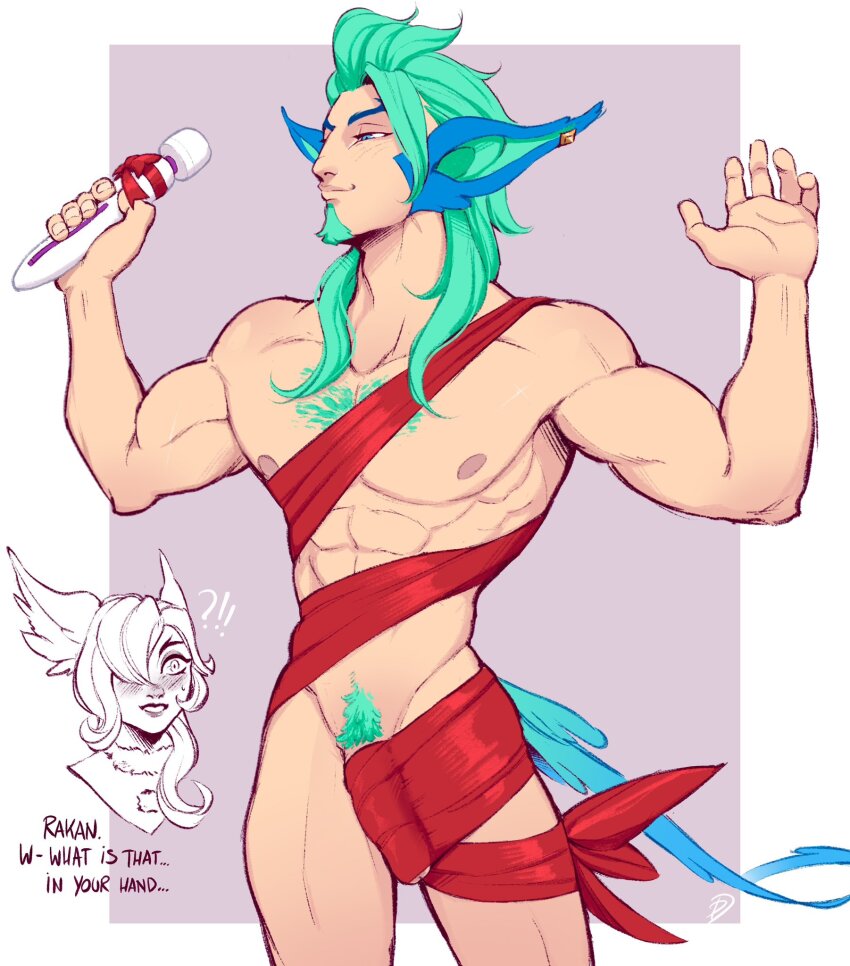 !? 1boy 1girl animal_ears blush collarbone green_(greeniris) half-closed_eyes highres hitachi_magic_wand league_of_legends long_hair male_focus meme penis pink_background pubic_hair rakan_(league_of_legends) sex_toy smile teeth vibrator white_background xayah