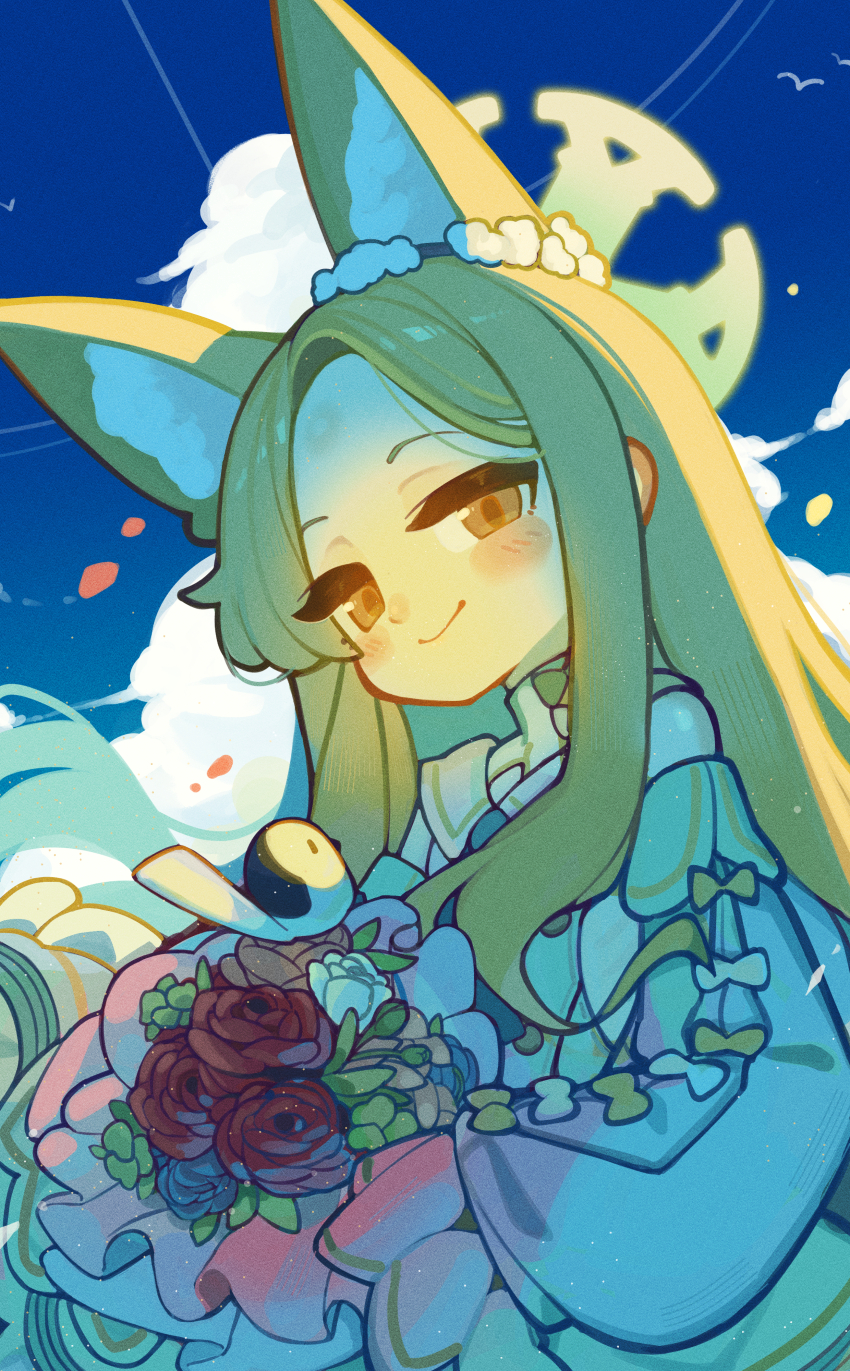 1girl absurdres animal_ear_fluff animal_ears blonde_hair blue_archive blue_sky bouquet closed_mouth commentary commentary_request detached_sleeves dress extra_ears flower fox_ears fox_girl halo highres holding holding_bouquet kotoba_(1074421015) long_hair long_sleeves looking_at_viewer orange_eyes seia_(blue_archive) sky sleeves_past_fingers sleeves_past_wrists smile white_dress white_sleeves yellow_halo