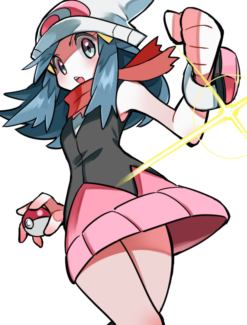 1girl beanie black_shirt blue_hair blush clenched_hand creatures_(company) dawn_(pokemon) eyelashes game_freak glint hair_ornament hairclip hat highres holding holding_poke_ball hyou_(hyouga617) long_hair nintendo open_mouth pink_skirt poke_ball poke_ball_(basic) pokemon pokemon_dppt poketch red_scarf scarf shirt sidelocks simple_background skirt sleeveless sleeveless_shirt solo standing teeth upper_teeth_only watch white_background white_hat wristwatch