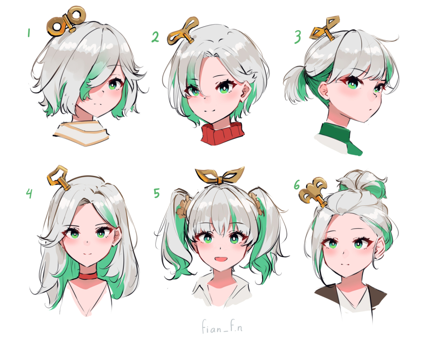 :d alternate_hairstyle artist_name cecilia_immergreen choker cropped_shoulders expressionless fian_f.n green_eyes green_hair hair_bun hair_over_one_eye hololive hololive_english light_smile long_hair looking_at_viewer multicolored_hair multiple_views open_mouth short_hair short_ponytail simple_background single_hair_bun smile twintails two-tone_hair virtual_youtuber white_background white_hair winding_key