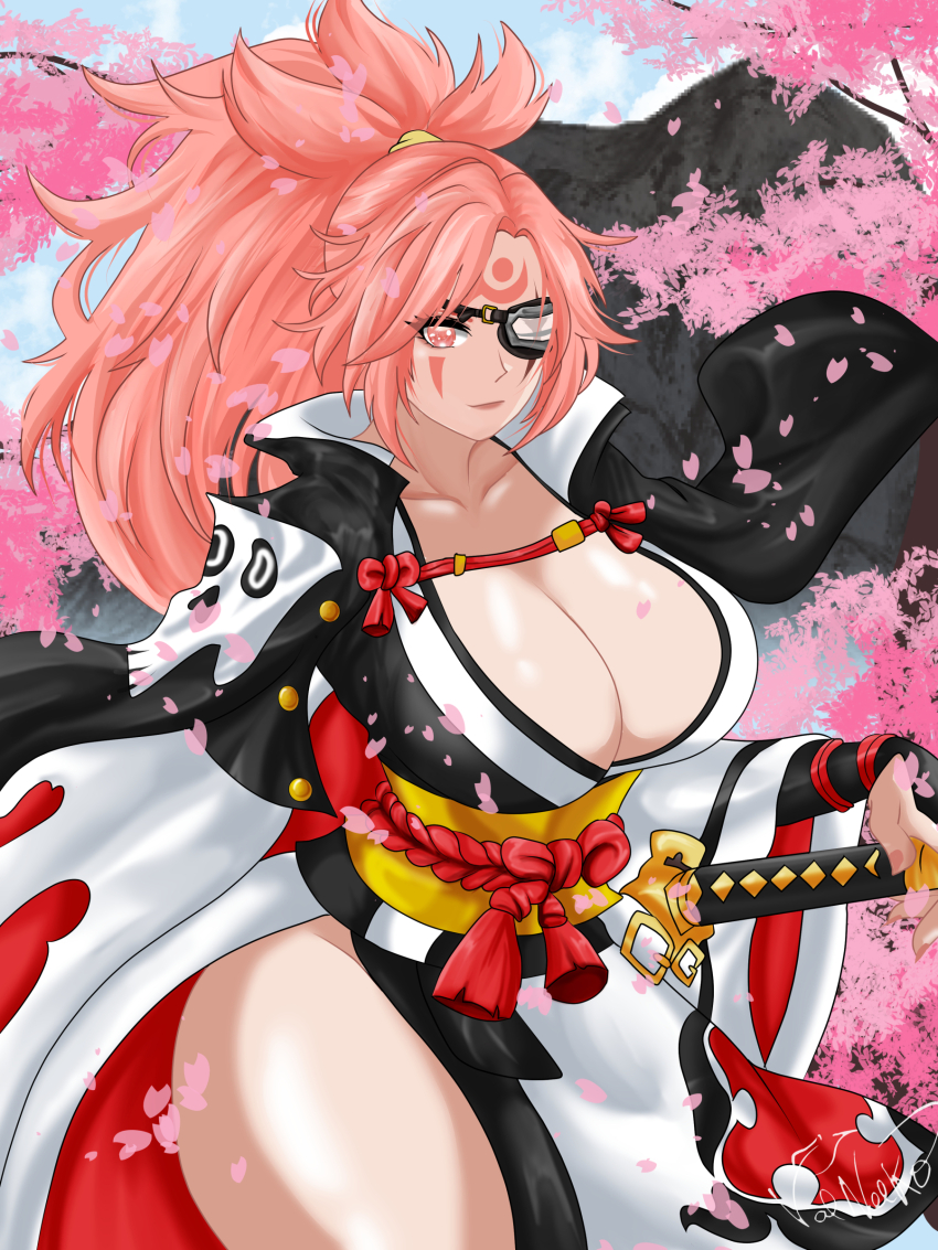 1girl arc_system_works baiken breasts cleavage collarbone eyepatch guilty_gear large_breasts long_hair pink_eyes pink_hair ponytail solo sword valneeko weapon