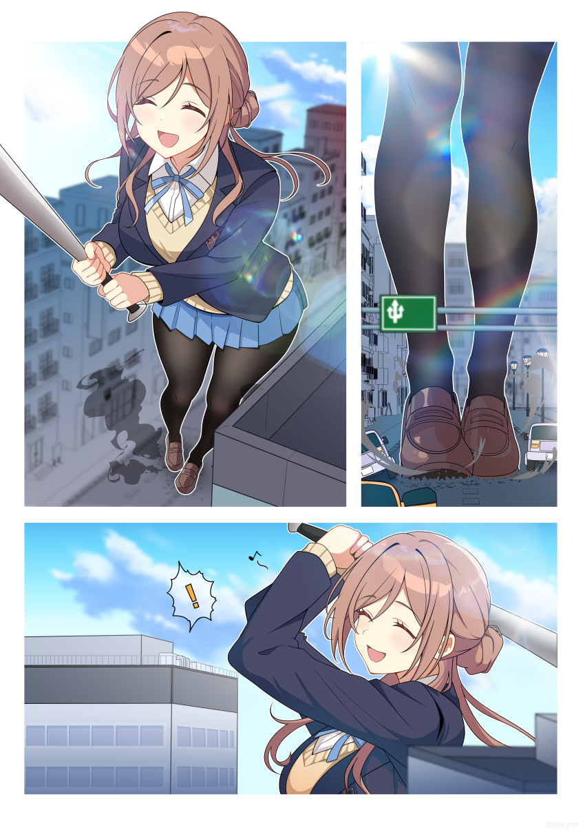 ! 1girl absurdres baseball_bat black_pantyhose black_shoes blazer blue_jacket blue_ribbon blue_skirt blue_sky brown_cardigan brown_hair building car cardigan city closed_eyes cloud gakuen_idolmaster giant giantess hatsuboshi_gakuen_school_uniform highres himesaki_rinami holding holding_baseball_bat idolmaster jacket loafers long_hair long_sleeves motor_vehicle neck_ribbon open_mouth outdoors pantyhose pleated_skirt ribbon school_uniform shirt shoes skirt sky smile solo spoken_exclamation_mark toxic_pter white_shirt