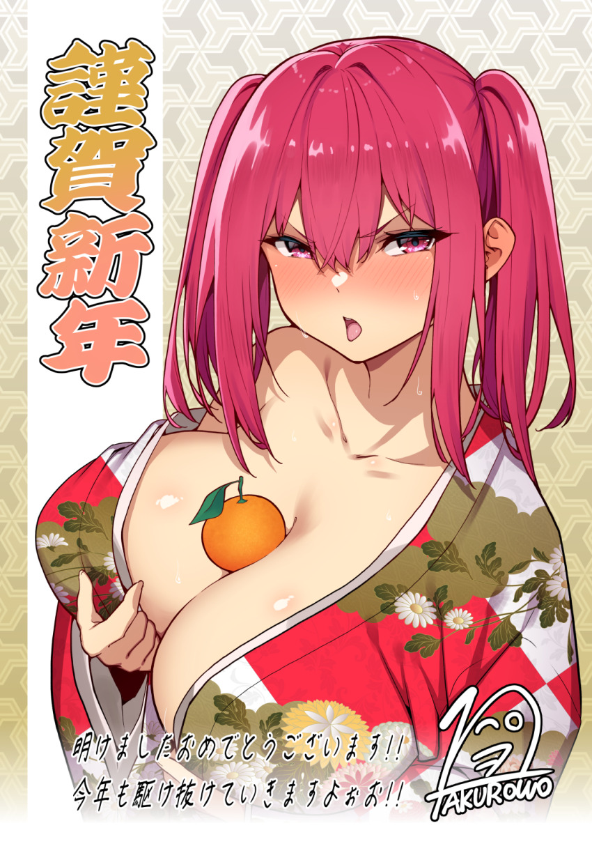 1girl between_breasts blush breasts cleavage collarbone commentary_request floral_print floral_print_kimono highres inma_nanaru_(takurowo) large_breasts looking_at_viewer medium_hair open_mouth original red_eyes red_hair sidelocks single_off_shoulder solo sweat takurowo translation_request two_side_up upper_body