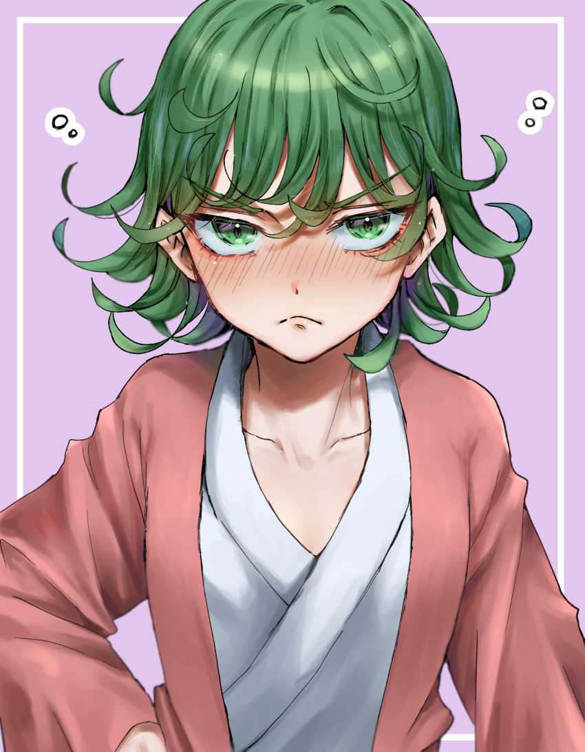 1girl blush breasts collarbone curly_hair dress flipped_hair green_eyes green_hair hand_on_own_hip highres japanese_clothes kimono long_sleeves looking_at_viewer medium_breasts one-punch_man petite photoshop_(medium) psychic simple_background tatsumaki upper_body user_ehkr8472