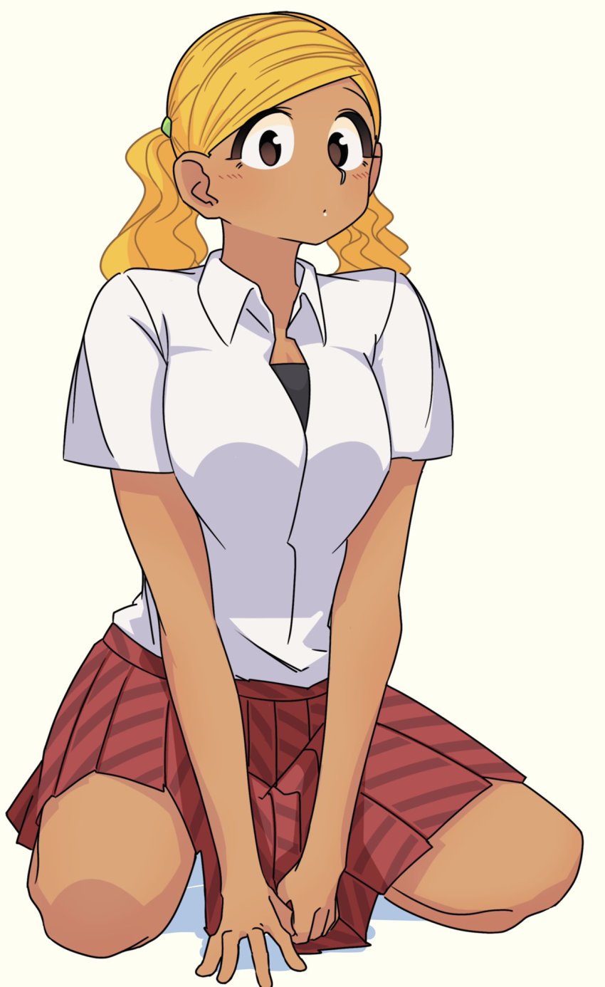 1girl between_legs blonde_hair blush breasts brown_eyes dark-skinned_female dark_skin hand_between_legs highres komi-san_wa_komyushou_desu large_breasts lecca_aisu manbagi_rumiko pleated_skirt red_skirt shirt simple_background skirt solo twintails white_shirt wing_collar