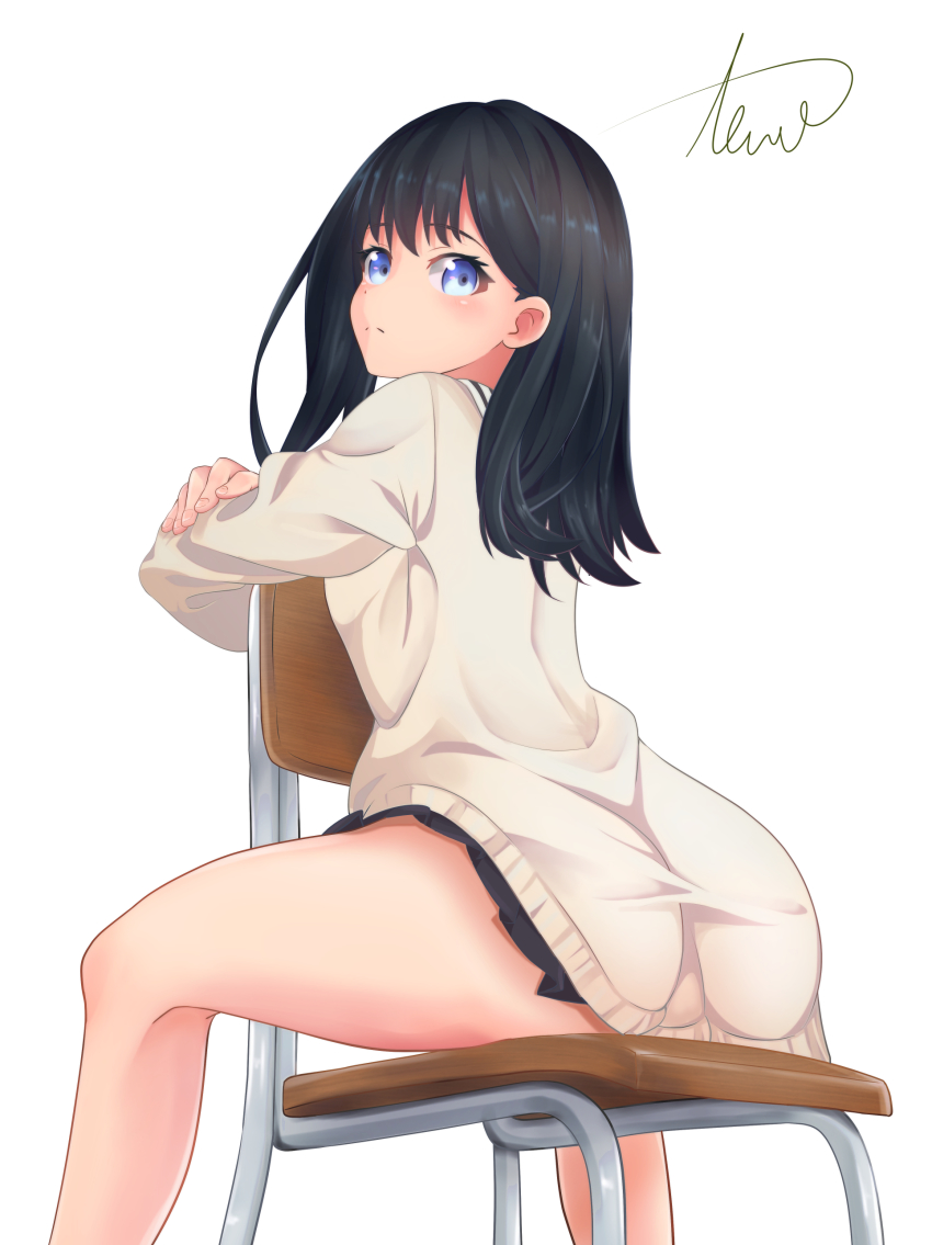 10s 1girl absurdres black_hair black_skirt blue_eyes cardigan chair closed_mouth female_focus gridman_universe highres long_hair long_sleeves signature simple_background sitting skirt solo ssss.gridman takarada_rikka tewo white_background