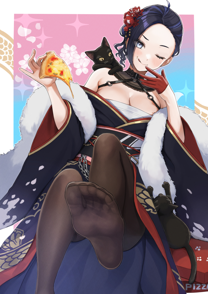 1girl absurdres armpit_crease asymmetrical_hair black_cat black_hair black_kimono black_pantyhose blue_background blue_hair breasts cat chest_sarashi cleavage convenient_leg feet food foot_focus foot_out_of_frame foot_up fur_trim gloves gold_trim gradient_background grey_eyes hair_ornament highres holding holding_food japanese_clothes kimono kson kson_(kimono) legs licking_lips looking_at_viewer multicolored_hair no_shoes one_eye_closed pantyhose pink_background pizza pizza_slice print_kimono red_gloves sahara1127 sarashi short_hair single_glove smile soles solo streaked_hair toes tongue tongue_out virtual_youtuber vshojo wide_sleeves