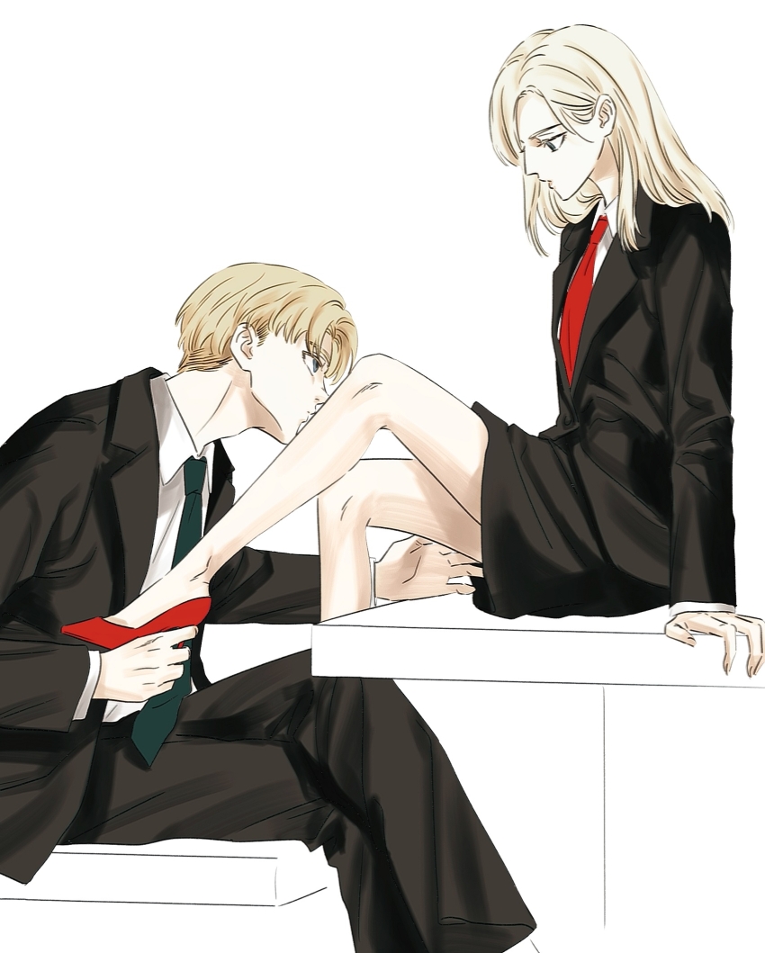 1boy 1girl alternate_costume annie_leonhart aqua_eyes armin_arlert bare_legs black_jacket black_pants black_skirt blonde_hair blue_eyes chair closed_mouth collared_jacket collared_shirt couple from_side green_necktie hands_up hetero high_heels highres jacket kiss kissing_leg leaning_back long_hair long_sleeves looking_at_another looking_down looking_up necktie on_chair on_table pants parted_bangs red_footwear red_necktie shingeki_no_kyojin shirt short_hair sitting skirt table white_background white_shirt yi_(199702090505)