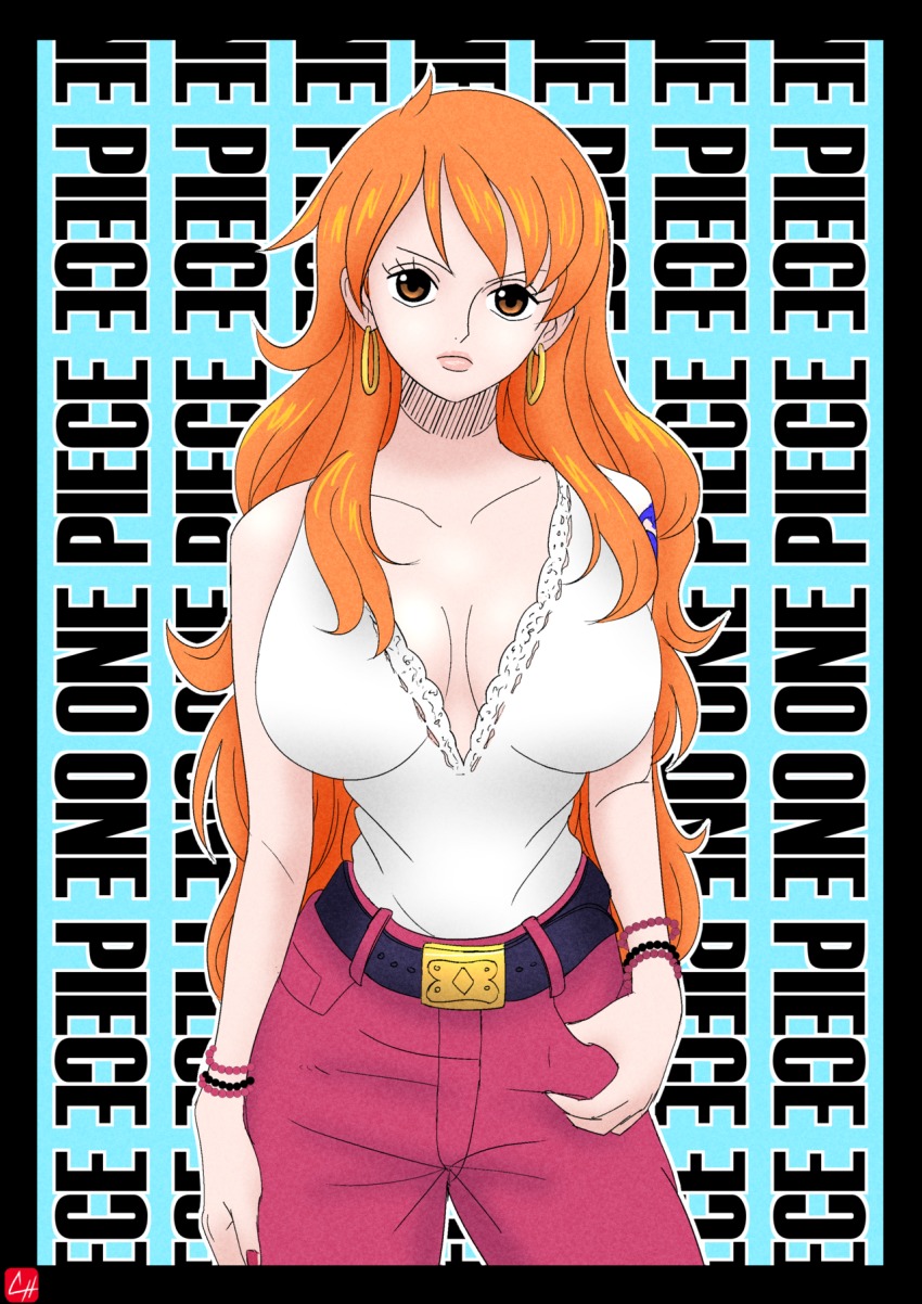 1girl bare_shoulders belt black_belt black_border border bracelet breasts brown_eyes chris_re5 cleavage copyright_name earrings highres hoop_earrings jewelry large_breasts lips long_hair looking_at_viewer nail_polish nami_(one_piece) one_piece orange_hair pants purple_nails purple_pants solo tattoo thumb_in_pocket