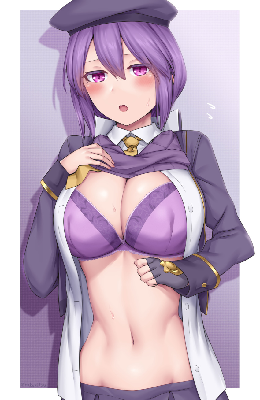 1girl adjusting_clothes adjusting_headwear beret blush braid breasts chestnut_mouth clenched_hand eltnum_(under_night_in-birth) fingerless_gloves gloves hand_up hat highres jacket long_hair medium_breasts melty_blood midriff navel purple_background purple_eyes purple_hair purple_skirt single_braid sion_eltnam_atlasia skirt solo soukitsu sweatdrop thighhighs tsukihime twitter_username under_night_in-birth underboob very_long_hair