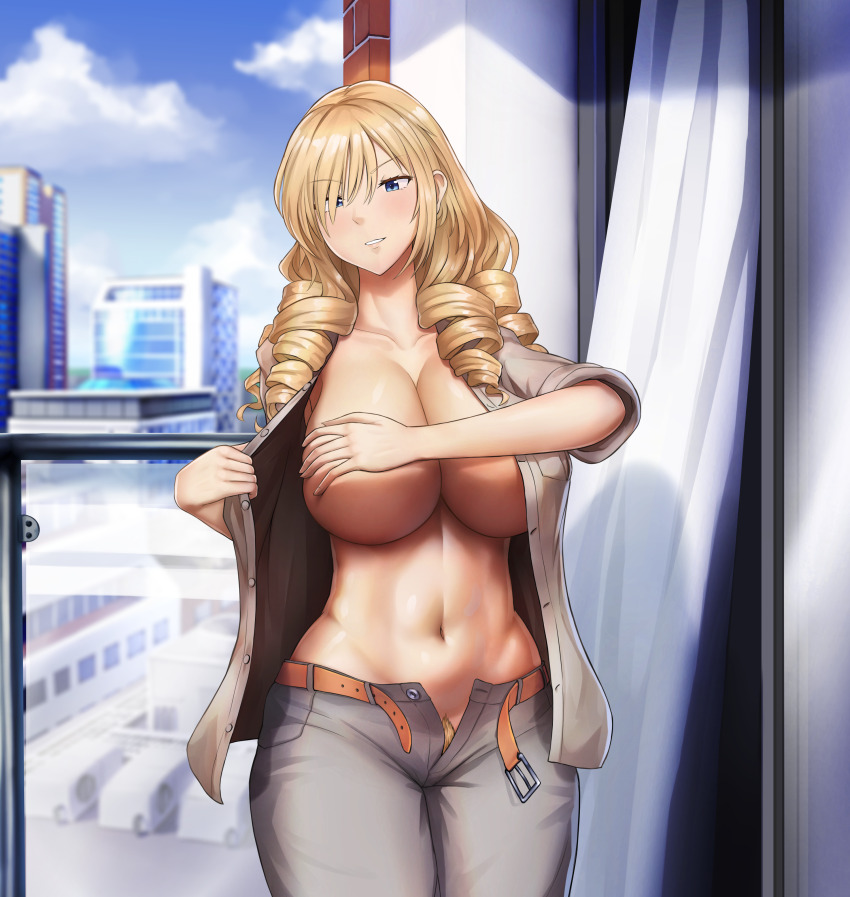 1girl absurdres blonde_hair blue_eyes breasts brown_pants brown_shirt covering_breasts covering_privates dressing drill_hair grabbing_own_breast hair_over_one_eye highres huge_breasts legs linea_alba long_hair long_sleeves looking_at_viewer mouth_hold navel no_bra no_panties open_clothes oriana_thomason pants parted_lips pubic_hair pubic_hair_peek seductive_smile shirt smile solo teasing thick_thighs thighs toaru_majutsu_no_index toaru_majutsu_no_index:_old_testament toned unbuttoned unzipped wide_hips window