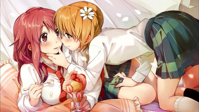 2girls all_fours black_socks blush crying crying_with_eyes_open dress_shirt end_card eyecatch flower food from_side fruit green_eyes hair_flower hair_ornament hand_on_another&#039;s_chin hand_on_another&#039;s_thigh highres kawai_makoto kneehighs light_brown_hair multiple_girls parfait petals red_eyes red_hair sakura_trick school_uniform shirt skirt socks sonoda_yuu strawberry takayama_haruka tears twintails white_legwear yuri