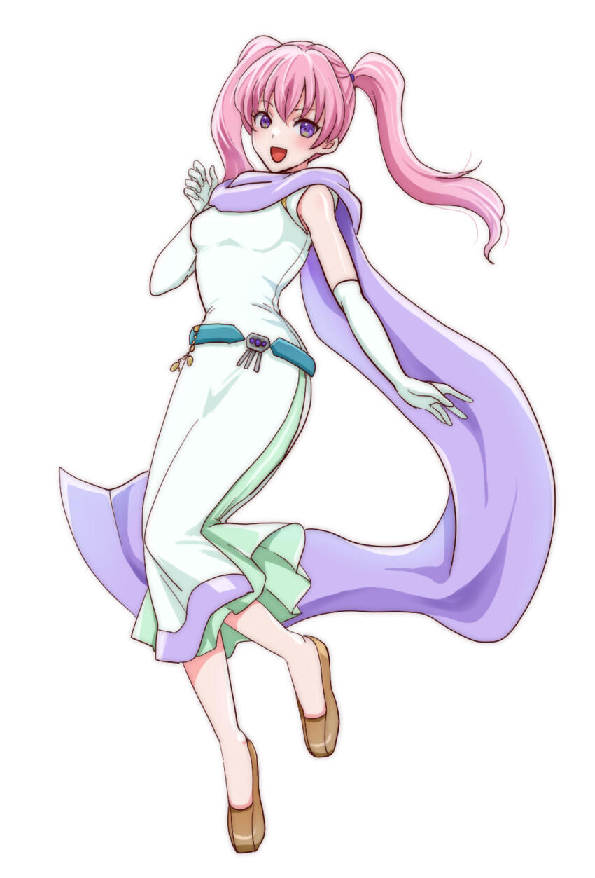 1girl :d brown_footwear cape dress elbow_gloves fire_emblem fire_emblem:_the_blazing_blade full_body gloves highres long_hair looking_at_viewer nintendo open_mouth pink_hair purple_cape purple_eyes purple_scarf scarf serra_(fire_emblem) smile solo twintails umehime white_background white_dress white_gloves