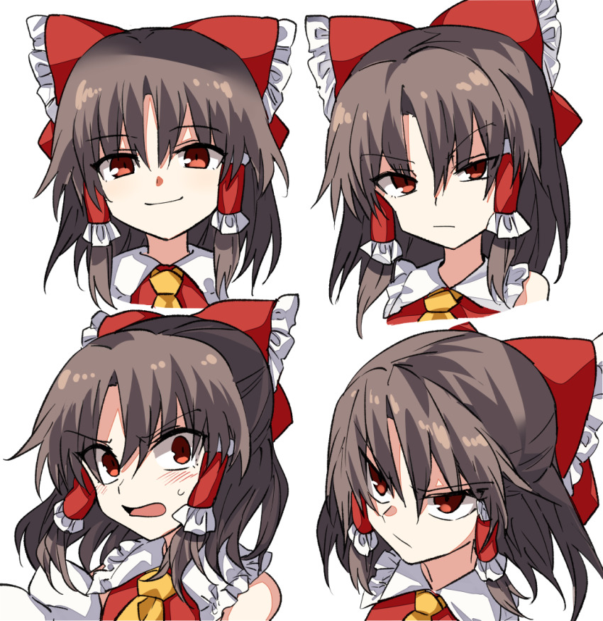 1girl ascot blush bow brown_hair closed_mouth expressions eyes_visible_through_hair frilled_bow frilled_shirt_collar frills glaring hair_between_eyes hair_bow hair_tubes hakurei_reimu looking_at_viewer looking_away manarou medium_hair multiple_views open_mouth portrait red_bow red_eyes red_vest sanpaku simple_background slit_pupils smile surprised touhou tsurime v-shaped_eyebrows vest white_background wing_collar yellow_ascot