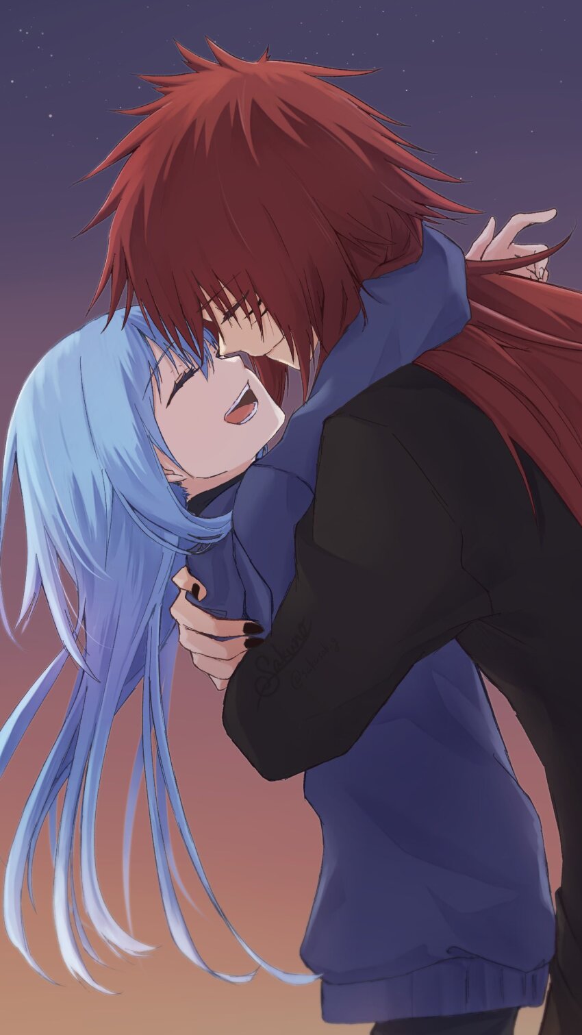 1boy 1girl blue_hair blue_sweater character_request check_character closed_eyes closed_mouth commentary_request dusk gradient_sky guy_crimson highres hug long_hair night night_sky open_mouth red_hair rimuru_tempest sakunotoon sky smile star_(sky) sweater teeth tensei_shitara_slime_datta_ken