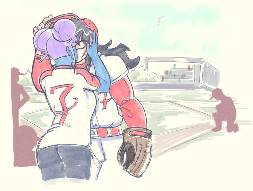 baseball_cap baseball_jersey baseball_uniform black_hair blue_skin closed_eyes colored_skin dragon_ball dragon_ball_heroes hat highres jersey kiss peaked_cap purple_hair red_hat scar scar_on_face shirt short_sleeves son_goku sportswear tidywire vegeta vidro_(dragon_ball) white_shirt yamcha