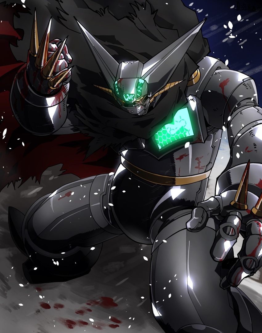 absurdres amakawa_mayu black_cape black_getter blood cape clenched_hands from_above getter_robo glowing highres mecha no_humans robot science_fiction shin_getter_robo spiked_knuckles super_robot yellow_eyes