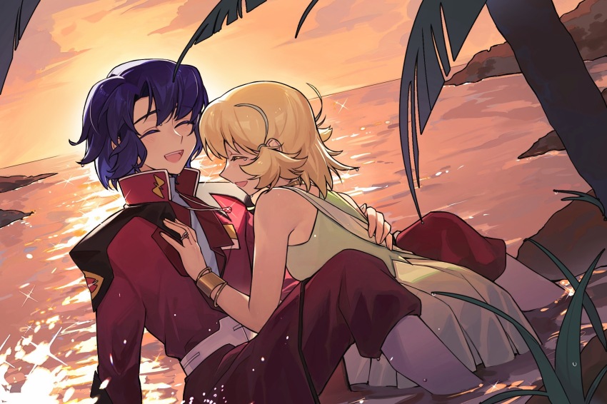 1boy 1girl :d ^_^ amulet athrun_zala between_legs blonde_hair blue_hair bracelet cagalli_yula_athha closed_eyes couple dress green_dress gundam gundam_seed gundam_seed_destiny hand_on_another&#039;s_back hand_on_another&#039;s_chest happy hetero highres hongxiaoyuji jewelry military military_uniform ocean open_mouth orange_sky palm_tree partially_submerged pendant red_uniform ring short_hair sitting sky sleeveless smile tearing_up tree water wet wet_clothes zaft_uniform