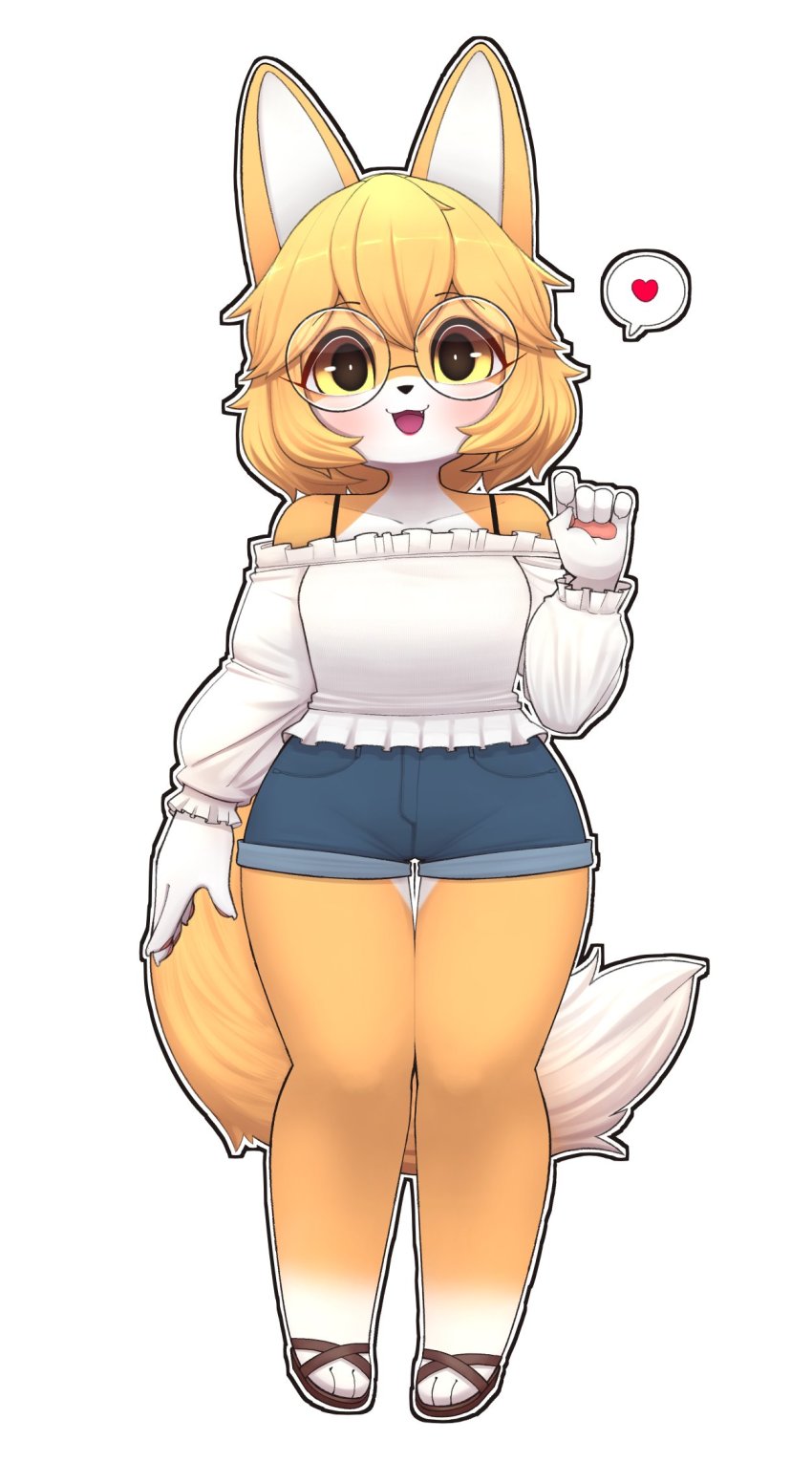 1girl animal_ears blush bra_strap brown_eyes brown_hair collarbone fox_ears fox_girl fox_tail full_body furry furry_female glasses heart highres jupiter_europe long_sleeves looking_at_viewer off-shoulder_shirt off_shoulder open_mouth original revision round_eyewear shirt short_hair smile solo speech_bubble spoken_heart tail white_shirt