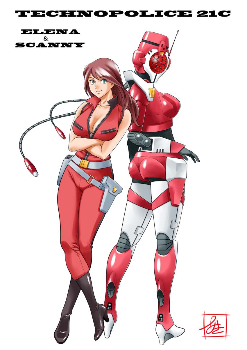 2girls aki_(pixiv_87336387) android belt boots breasts brown_hair cable character_name cleavage crossed_arms cyberpunk fubuki_eren green_eyes high_heels highres holster led looking_at_viewer machinery multiple_girls radio_antenna robot scanny science_fiction signature smirk techno_police_21c title vest white_background