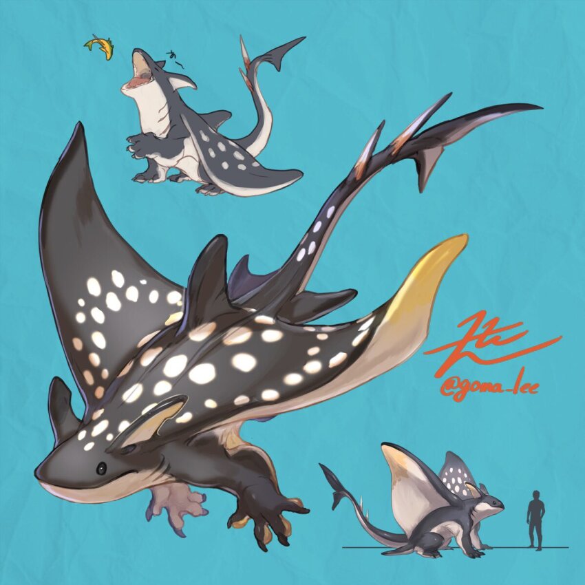 =_= animal_focus black_eyes blue_background claws closed_eyes fins fish fish_tail gills head_fins highres manta_ray monster no_humans open_mouth original silhouette simple_background sitting spikes tail yamamura_le