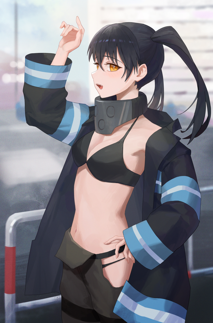 absurdres black_bra black_hair black_pants bra breasts cleavage day en&#039;en_no_shouboutai firefighter hand_up highres hip_vent open_mouth orange_eyes outdoors pants slit_pupils small_breasts tamaki_kotatsu twintails underwear zhao_guazi